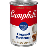 Campbell's 25% less sodium cream of mushroom soup can front for quick meal prep.