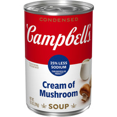 Campbell's 25% less sodium cream of mushroom soup can front for quick meal prep.