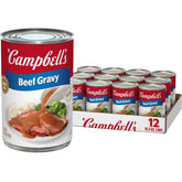 Campbell's Beef Gravy 12-pack cans on display for easy family meals.