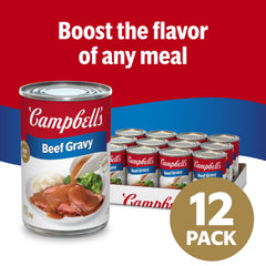 Pouring Campbell's Beef Gravy over mashed potatoes for rich flavor.