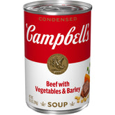Campbell's beef soup can front view showing the product and branding.