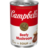 Campbell's Beefy Mushroom Soup can front, a cozy pantry staple for quick meals.