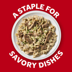 Campbell's Beefy Mushroom Soup steaming bowl conveys warm comfort and ready-to-heat convenience.