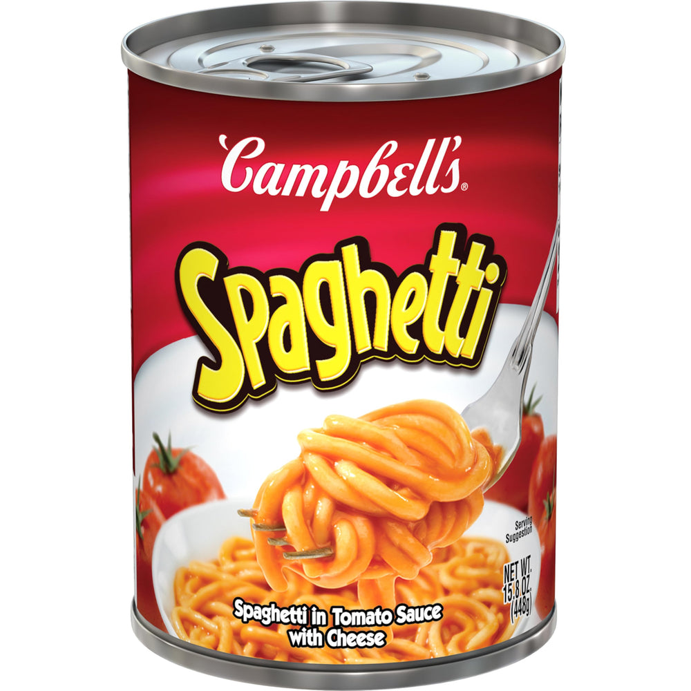 Campbell's canned spaghetti front view, ideal for quick family meals.