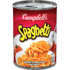 Campbell's canned spaghetti front view, ideal for quick family meals.