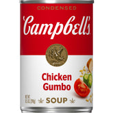 Campbell's Chicken Gumbo Soup can on pantry shelf offers quick weeknight dinner.