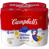 Campbell's Chicken and Stars four-pack cans on pantry shelf, convenient family staple.