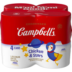 Campbell's Chicken and Stars four-pack cans on pantry shelf, convenient family staple.