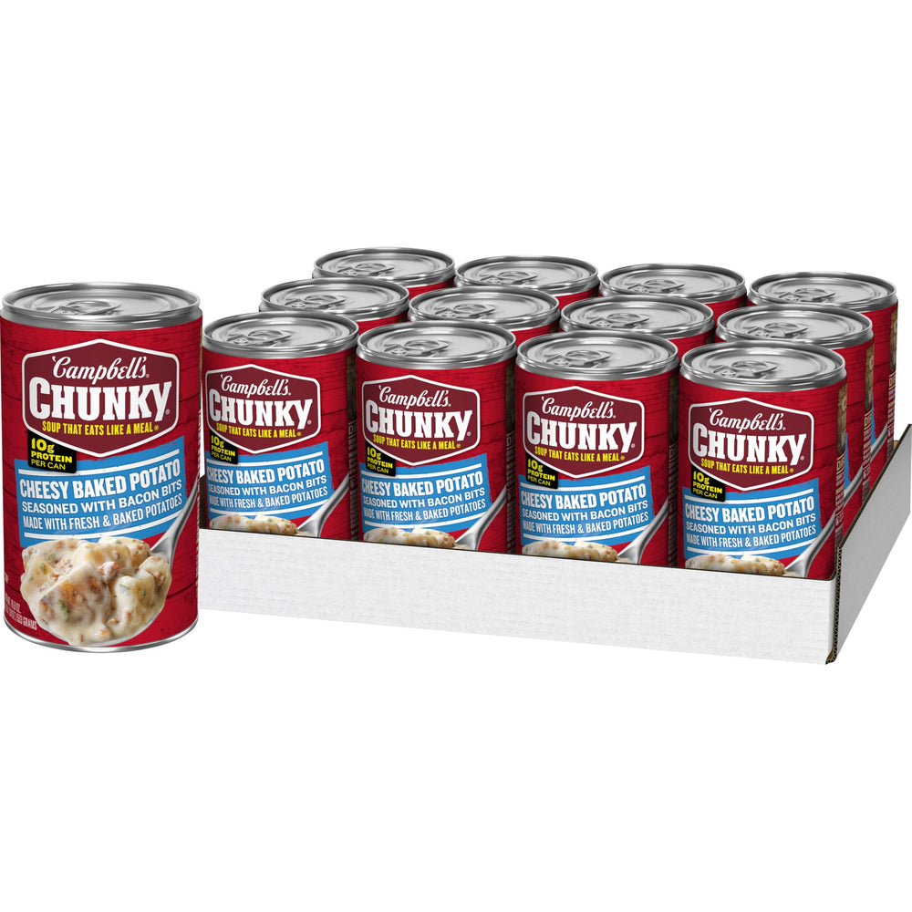 Campbell's Chunky Baked Potato with Cheddar and Bacon Bits can with hearty chunks.