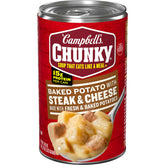 Campbell's Chunky Baked Potato with Steak and Cheese soup can shows hearty potato-steak-cheese combination for a substantial meal