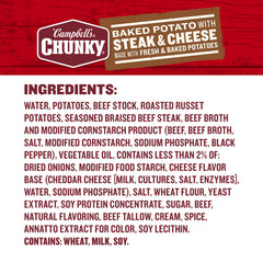 Campbell's Chunky Baked Potato with Steak and Cheese soup features steak pieces for protein-rich tasting notes