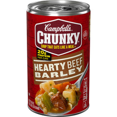 Campbell's Chunky Beef Barley Soup can in 18.8 oz size for a filling, ready meal