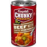 Campbell's Chunky Beef Soup 18.8 oz can with country vegetables, ready to heat for a hearty meal.