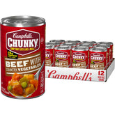 Campbell's Chunky Beef Soup with Country Vegetables shows beef chunks for a hearty meal