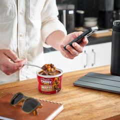 Microwave-ready Campbell's Chunky beef soup; heat quickly for a comforting lunch or snack.