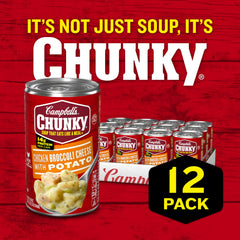 Campbell's Chunky Chicken Broccoli Cheese Soup on campfire setup for outdoor meals.