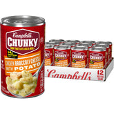 Campbell's Chunky Chicken Broccoli Cheese Soup can with big chicken pieces for a hearty meal.