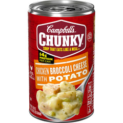 Campbell's Chunky Chicken Broccoli Cheese soup can front highlights big flavors.