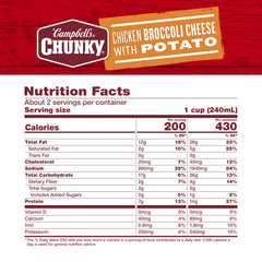 Campbell's Chunky chicken broccoli cheese soup label closeup shows ingredients and branding.