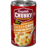 Campbell's Chunky Chicken Corn Chowder can front view, protein-packed meal for busy days.