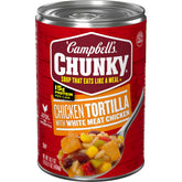 Campbell's Chunky Chicken Tortilla can label highlights protein-packed convenience.