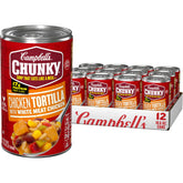 Campbell's Chunky Chicken Tortilla Soup can front view, hearty chunks for a quick meal