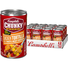 Campbell's Chunky Chicken Tortilla Soup can front view, hearty chunks for a quick meal