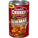 Campbell’s Chunky Chili Dog Mac Soup can front showing a hearty, protein-packed meal.