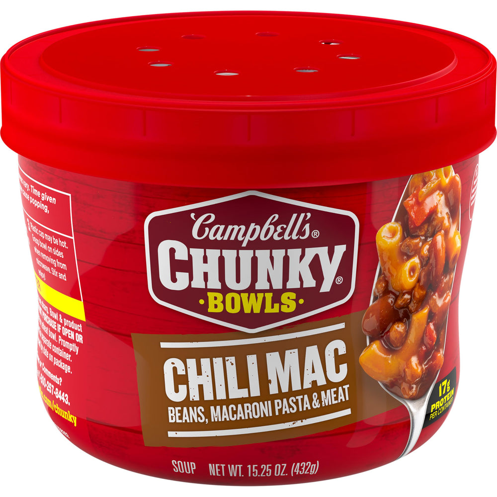 Campbell's Chunky Chili Mac Soup bowl front view, ready for a quick, filling meal.