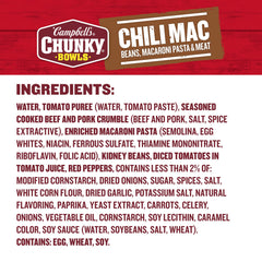 Close-up of Campbell's Chunky Chili Mac Soup ingredients: beef, beans, and macaroni.