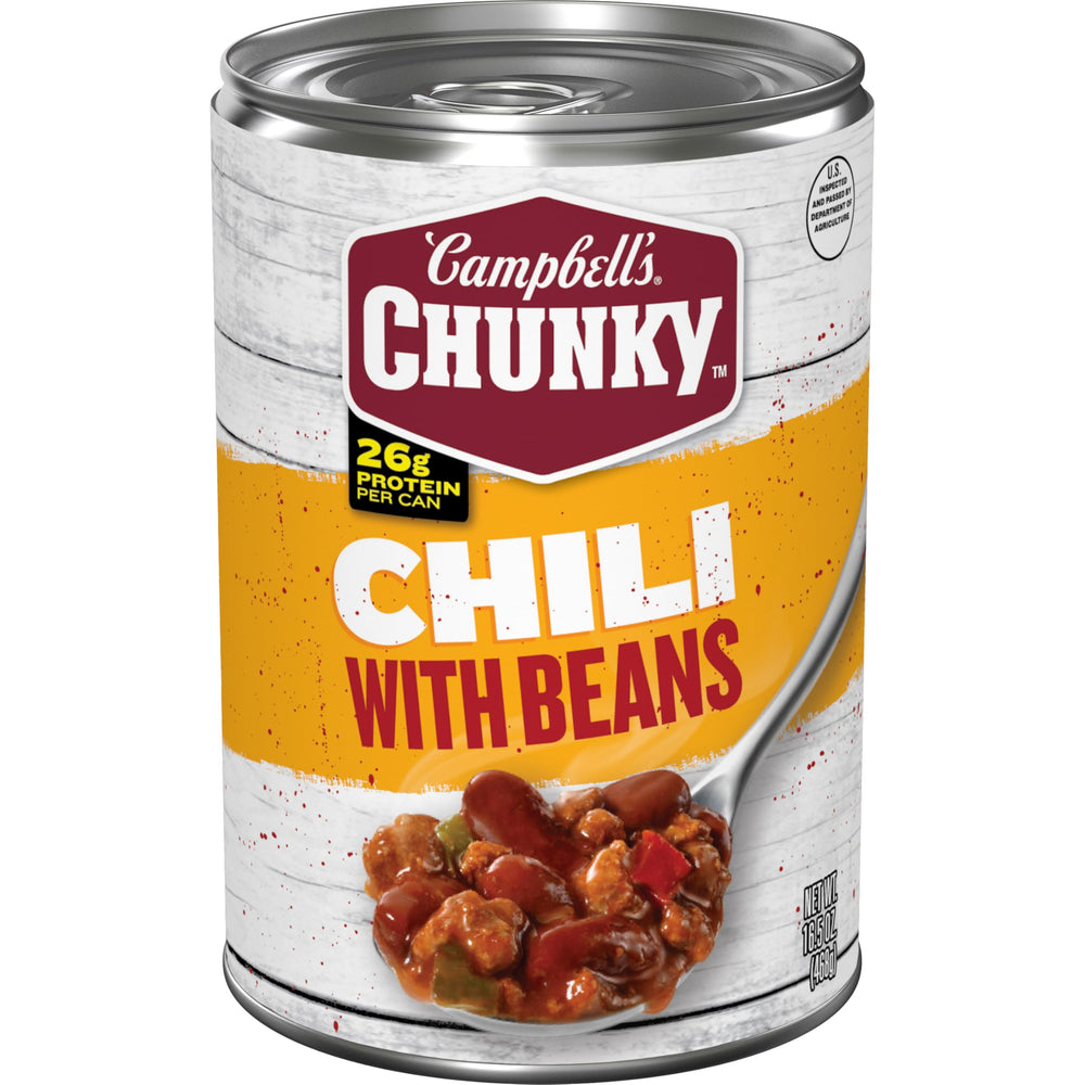 Campbell’s Chunky Chili With Beans can close-up highlighting a hearty, protein-packed ready meal.