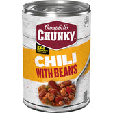 Campbell’s Chunky Chili With Beans can close-up highlighting a hearty, protein-packed ready meal.