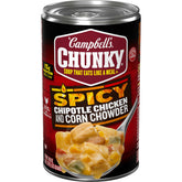 Campbell's Chipotle Chicken Corn Chowder can front highlights a hearty, protein-packed meal.
