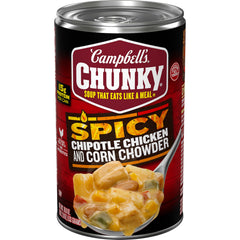 Campbell's Chipotle Chicken Corn Chowder can front highlights a hearty, protein-packed meal.