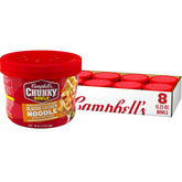 Campbell's Chunky Classic Chicken Noodle Soup bowl close-up showing hearty chicken chunks.
