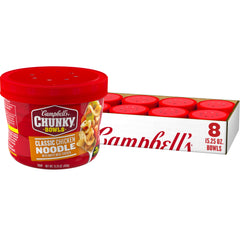 Campbell's Chunky Classic Chicken Noodle Soup bowl close-up showing hearty chicken chunks.