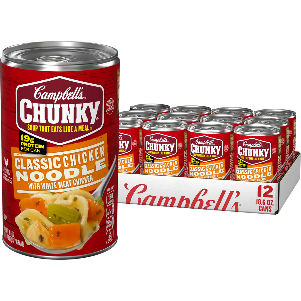 Campbell's Chunky Classic Chicken Noodle Soup can with hearty chunks for a quick meal