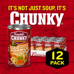 Campbell's Chunky Classic Chicken Noodle Soup can highlights 19g protein per serving
