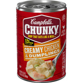 Campbell's Chunky Creamy Chicken and Dumplings can, ready-to-eat comfort for quick meals.