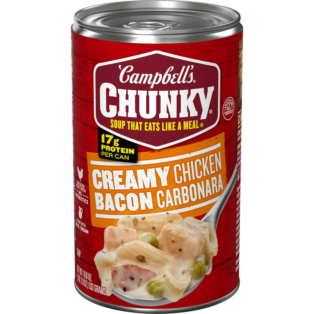Campbell's Chunky Creamy Chicken Bacon Carbonara can on table, showcasing its protein-packed option.
