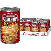 Campbell's Chunky Creamy Chicken Cajun Style Alfredo with Andouille Sausage Soup can, ideal for a quick game-day meal.