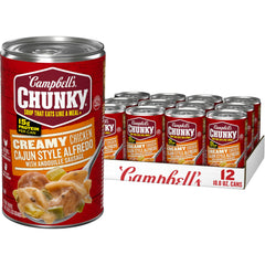 Campbell's Chunky Creamy Chicken Cajun Style Alfredo with Andouille Sausage Soup can, ideal for a quick game-day meal.