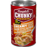 Campbell's Chunky label on the can, ready-to-heat Cajun Alfredo flavor for quick meals