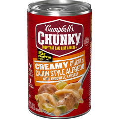 Campbell's Chunky label on the can, ready-to-heat Cajun Alfredo flavor for quick meals