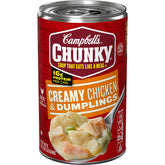 Campbell's Chunky Creamy Chicken and Dumplings can, hearty protein for quick meals.