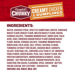 Campbell's Chunky Creamy Chicken and Dumplings with carrots and celery visible in the bowl.