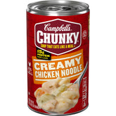 Campbell's Chunky Creamy Chicken Noodle can with big chicken pieces for a satisfying meal.