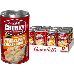 Campbell's Chunky Creamy Chicken Noodle Soup can with big chicken pieces and noodles.