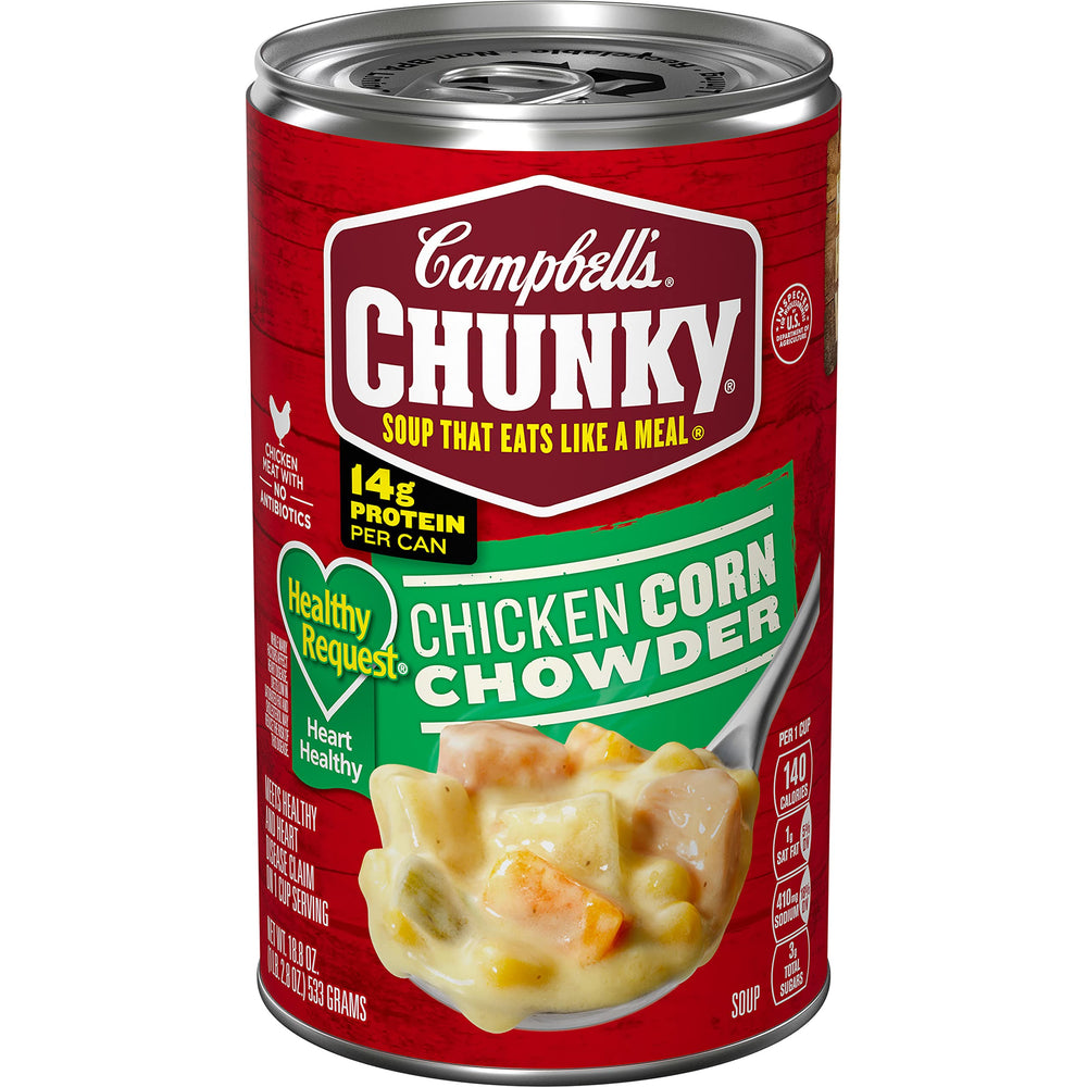 Campbell s Chunky Healthy Request Chicken Corn Chowder can front showing hearty protein packed meal
