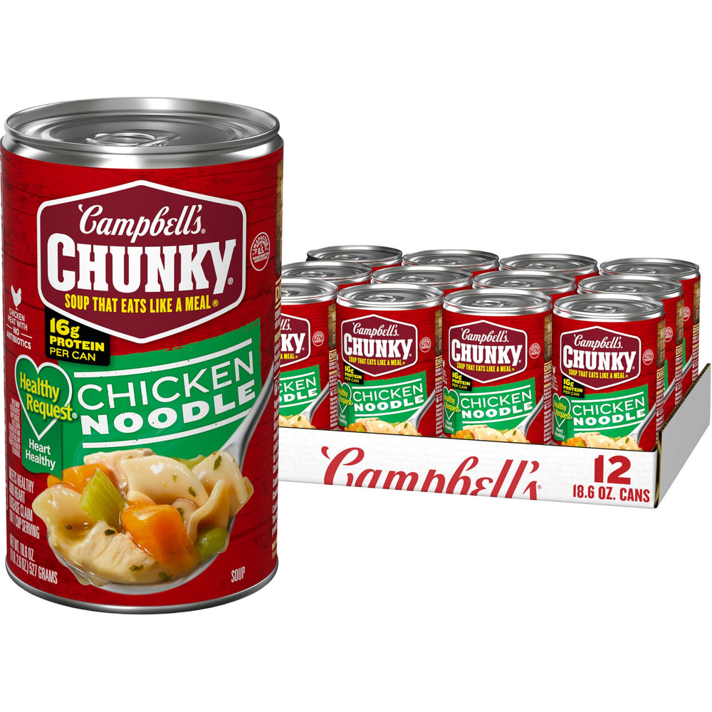 Campbell's Chunky Healthy Request Chicken Noodle Soup can front view, protein-packed meal option.